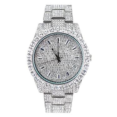 Imagem de Techno Pave Relógio masculino com bisel solitário de 44 mm, mostrador baguete, Relógio prateado, mens-standard, Iced Out