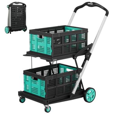 Imagem de Yenntrss Carrinho de compras, 8 em 1, carrinhos dobráveis multifuncionais de 90 kg com 2 caixas de armazenamento, carrinho utilitário portátil de 2 níveis, carrinho dobrável ajustável para armazém de