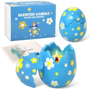 Imagem de Vela perfumada de ovo de páscoa – presentes de Páscoa para mulheres, vela perfumada de bluebell com pavio de madeira natural, recheio de cesta, decoração de casa, decoração de mesa, 250 ml, azul
