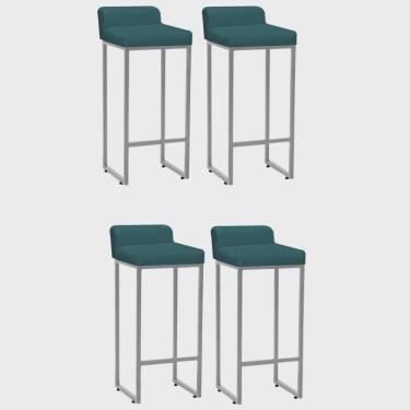 Imagem de Kit 04 Banqueta Alta Mia Com Encosto Cozinha Bistrô Bar Balcão Ferro Prata Suede Azul Turquesa - Ahz Móveis