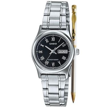 Imagem de Kit Relógio de Pulso Casio Feminino Analógico Pequeno Redondo Aço Inóx Prova Dágua Clássico Casual Prata LTP-V006D-1BUDF + Caneta Esferográfica
