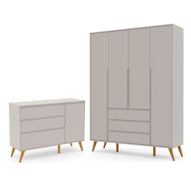 Imagem de Jogo de Quarto Infantil Retrô Clean Guarda Roupa 4 Portas e Cômoda com Porta - Matic Móveis Cinza/Eco Wood