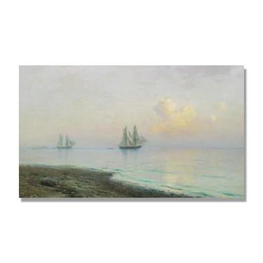 Imagem de Impressões em tela famosas. "Seascape with Sailboats" de Lev Lagorio, reproduções de arte clássicas, decoração de parede moderna para sala de estar escritório. 70 x 119 cm - 27,5 x 46,8 pol sem