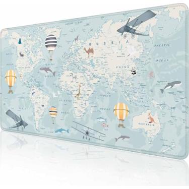 Imagem de Mouse pad para jogos, teclado de computador estendido 2GG, tapete de mouse longo para laptop, base de borracha antiderrapante com borda costurada, mapa-múndi de 35 x 15 cm com animais