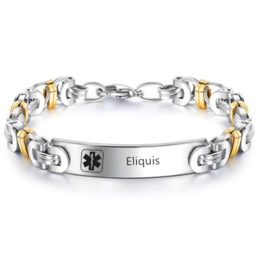Imagem de ZKXXJ Pulseira de identificação médica para homens e mulheres - Pulseira de corrente bizantina de aço inoxidável, identificação de emergência, joia de alerta de saúde com cartão médico, personalizável