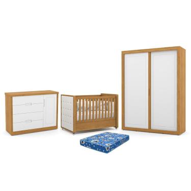 Imagem de Dormitório Tutto New 2 Portas, Cômoda 1 Porta e Berço com Capitonê e Colchão Physical - Matic Móveis Freijó/Branco Soft