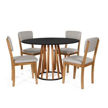 Imagem de Mesa De Jantar Redonda Gabi Nat/pret Com 4 Cadeiras Estofadas Ella Cinza Claro