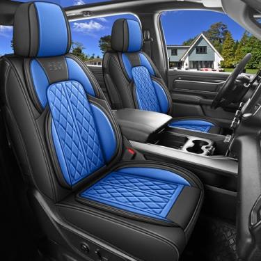 Imagem de Capas de assento de carro personalizadas para Chevy Silverado GMC Sierra 1500 2007-2024 2500/3500 HD Crew Cab Pickup capa protetora de assento com couro sintético à prova d'água (preto e azul, banco