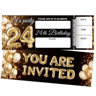 Imagem de Convites de aniversário de 24 anos, convites de festa de aniversário para mulheres e homens, cartões de convites de preenchimento de balão de ouro preto com glitter, 20 convites com 20 envelopes