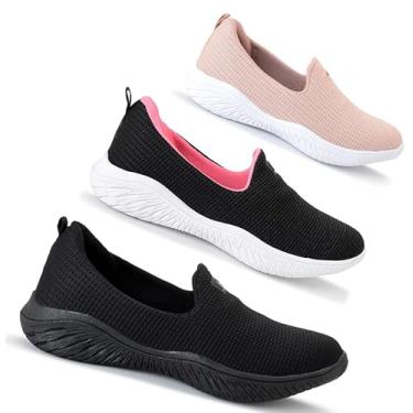 Imagem de Kit 3 Sapatilha Feminina Ortopédica Calce Fácil Sem Cadarço Leve Confortável (Preto - Rosa/nude/preto, BR, Adulto, Numérico, 36)