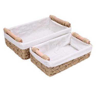 Imagem de Asixxsix 2pcs Feitos à Mão Bohemian Paper Corda de Armazenamento Cesto de Vime Multi -Fins de Propósito Decorativo Bin Com Alça de Madeira para o Banheiro Quarto de Estar