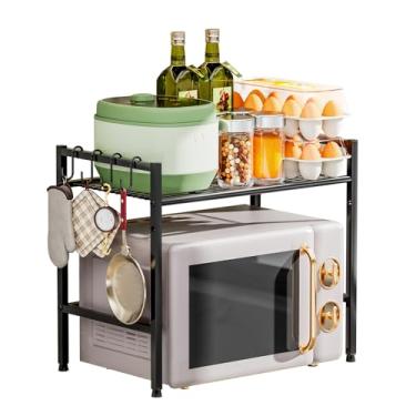 Imagem de YANYYGu Suporte para micro-ondas, prateleira de forno de metal ajustável de 2 camadas com 4 ganchos, prateleira organizadora de aço carbono resistente para micro-ondas/forno/torradeira, armazenamento
