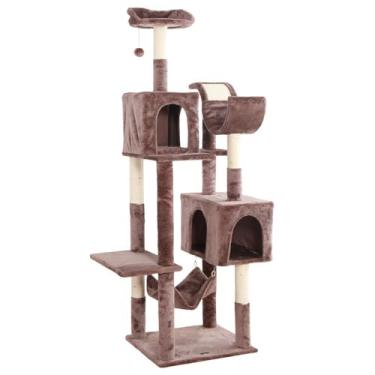 Imagem de Arranhador, torre de gato grande, multifuncional com casas, camas, rede, poleiros e brinquedo(Marrom)