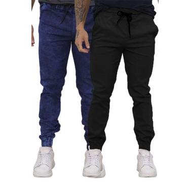 Imagem de Kit 02 Calças Jogger Sarja Premium Masculina Preta e Jeans - Tbasics, 