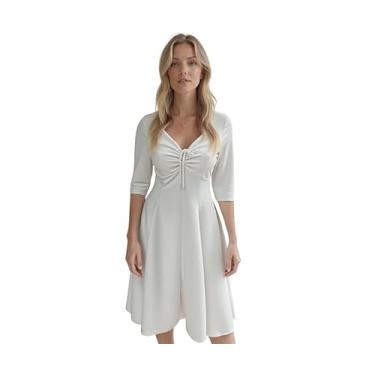 Imagem de Star Vixen Vestido feminino longo com decote em V de 114,3 cm, corpete franzido na frente com laço de espaguete, Marfim, GG