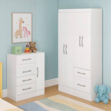 Imagem de Quarto Infantil com Cômoda 4 Gavetas e 1 Porta Guarda-Roupa 4 Portas e 2 Gavetas Ninho Branco