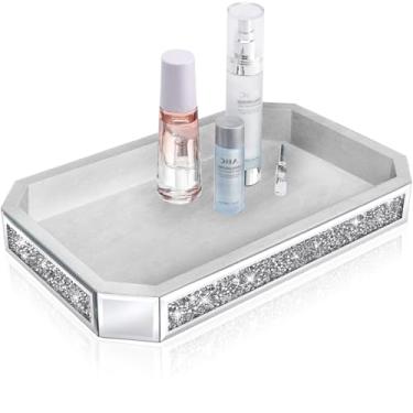 Imagem de Wocred Bandeja de perfume espelhada para cômoda de quarto, caixa de banheiro de diamante triturado, bandeja de penteadeira, bandeja de servir decorativa para decoração de mesa de centro (38 x 25 x 5