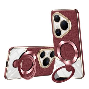 Imagem de HAOMRIYL Capa de couro para Huawei Pura 80 Ultra/80 Pro +/80 Pro/80, capa de proteção total para lente oculta, suporte ajustável, suporte à prova de choque, vermelho, 80 Pro +