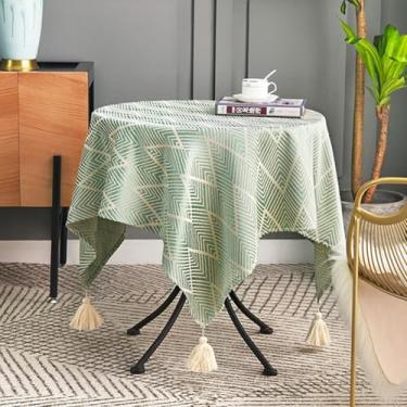 Imagem de Toalha de mesa quadrada pequena rústica toalha de mesa de fazenda jacquard ondas listradas com borlas capas de mesa de café laváveis para sala de estar cozinha decoração de mesa verde 91 cm x 91 cm
