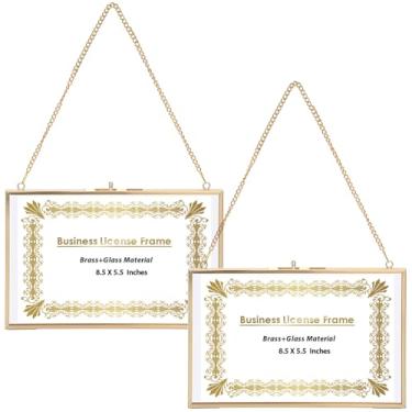 Imagem de JUXYES Pacote com 2 molduras de exibição de certificado de licença comercial de latão para pendurar na parede, molduras flutuantes para diploma de vidro duplo, moldura dourada para graduação de 14 x