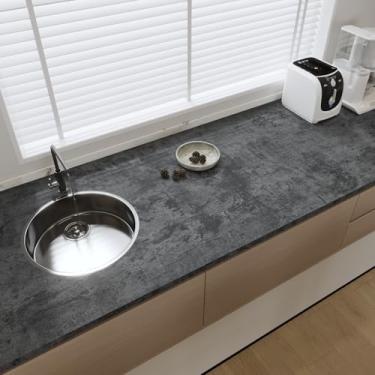 Imagem de Papel de parede de concreto descascar e colar, 91.4 cm x 500.4 cm cinza escuro/preto cimento removível texturizado 3D espesso impermeável moderno vinil industrial autoadesivo papel de parede de