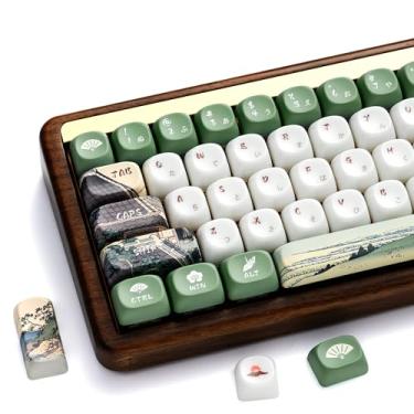 Imagem de OHY XVX Conjunto de teclas de perfil MOA, tema Fuji de montagem japonesa, 129 - Teclas personalizadas brancas e verdes com PBT + material de PC translúcido fosco para teclados mecânicos de layout dos