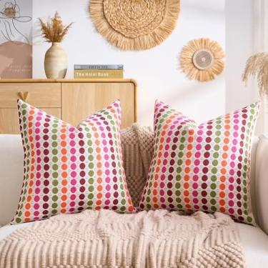 Imagem de KWLET Capas de almofada 45,7 x 45,7 cm Boho rosa colorido algodão fazenda capa texturizada círculo jacquard estilo moderno conjunto de 2 fronhas decorativas para sofá-cama sala de estar