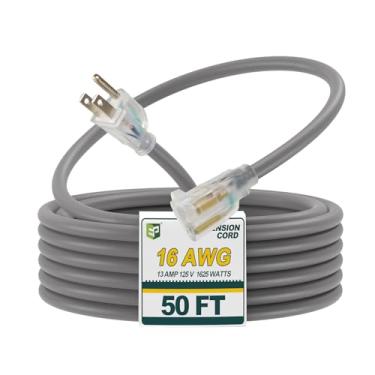 Imagem de EP Cabo de extensão resistente SJEOW de 1,5 m, 16/3, cabo de alimentação cinza com plugue iluminado por LED e plugue aterrado de 3 pinos, resistente à água para uso interno/externo, gramado, jardim