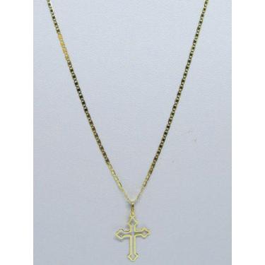Imagem de Cordão Corrente Piastrine Média 60cm  + Crucifixo Ouro Vazado 18k  750