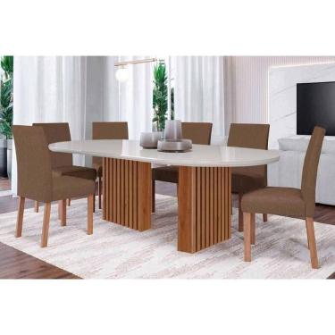 Imagem de Conjunto: Mesa de Cozinha Ester Tampo Madeirado Oval c/ Vidro 210x100cm e 6 Cadeiras Maia Cinamomo/Off White - Suede Mascavo Chocolate - Cimol