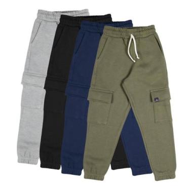 Imagem de Kit 4 Calça Infantil Menino Moletom Cargo Inverno Bolso Lisa - VRASALO