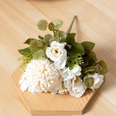 Imagem de Flores artificiais de seda dente-de-leão para decoração de mesa de casamento, arranjo de Natal, margarida, girassol, acessórios, buquê falso de rosas (branco)