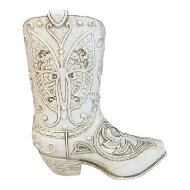 Imagem de Top Brass Vaso de bota borboleta – decoração de bota de cowboy/vaqueira de resina - acabamento branco antigo, aparência de couro trabalhado, almofadas protetoras, suporte de flor ocidental rústico