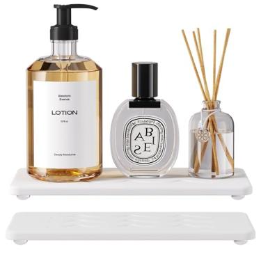 Imagem de 2 peças de bandeja de pedra absorvente de água para pia de banheiro, tapetes de secagem de pedra para balcão de cozinha, bandeja de pia de pedra de diatomita com pés antiderrapantes, esponja de