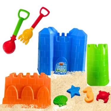 Imagem de Kit Praia Infantil Castelo de Areia, 9 Peças, com Pá, Rastelo e Forminhas, Colorido