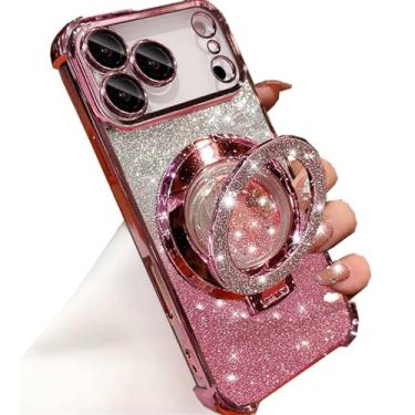 Imagem de Changjia Capa com suporte líquido com glitter para iPhone Pro Max, linda luxuosa cintilante com protetor de câmera, anel fluido, suporte de TPU (poliuretano termoplástico) à prova de choque, capa