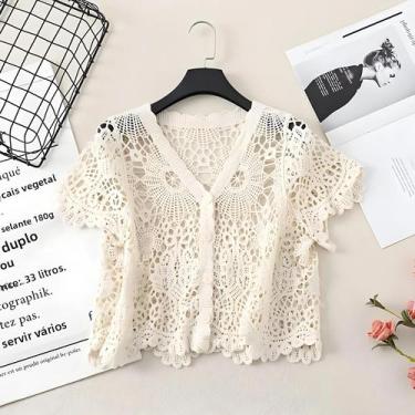 Imagem de Blusa Feminina Crochê Verão - Decote V, Aberta, Bordada - Estilo Fairy