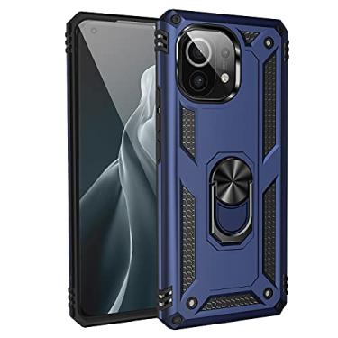 Imagem de SORAKA Capa para Xiaomi Mi 11 com suporte de anel, capa protetora para Xiaomi Mi 11, capa traseira de policarbonato rígido com placa de metal para suporte magnético de telefone carro azul