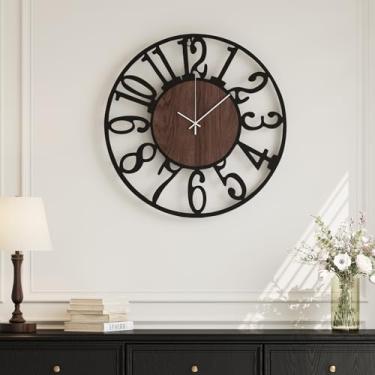 Imagem de Relógio de parede moderno operado por bateria, 40,6 cm redondo grande madeira decorativa metal relógios de parede para sala de estar, relógio preto silencioso sem tique-taque, quarto, cozinha