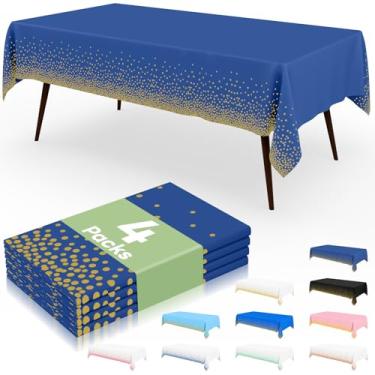 Imagem de misaya 4 pacotes de toalhas de mesa descartáveis com pontos, toalha de mesa de plástico impermeável de 137 x 272 cm, pontos dourados retangulares em capas de mesa azul-marinho para piquenique