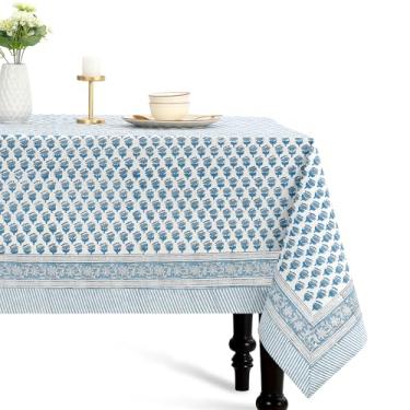 Imagem de CPC Toalha de mesa de jantar 100% algodão com estampa floral azul apatita 100% algodão, retangular, reutilizável e lavável, boho, toalha de mesa de jantar de Ação de Graças