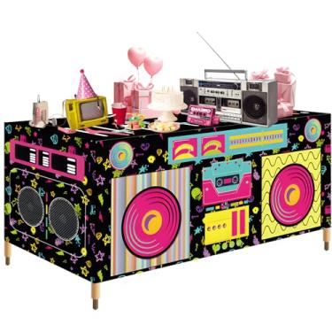 Imagem de Toalha de mesa retangular de 1,8 m dos anos 80 e 90, capa de mesa de tecido lavável com estampa de alto-falante estéreo retrô para aniversário de hip hop, festa de música rap, dança de DJ, decorações