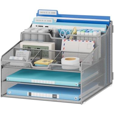 Imagem de Lavatino Organizador de arquivos de papel de mesa – malha de metal com 2 bandejas de letras, 7 divisórias flexíveis, 2 suportes verticais de pasta de arquivo para escritório/casa/sala de aula