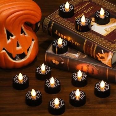 Imagem de Wondise Luzes de chá de Halloween, temporizador 6H, velas votivas sem chama, pretas a pilha, pacote com 12 velas de LED, teia de aranha, luzes de chá para decoração de outono e Halloween (3,8 cm P x
