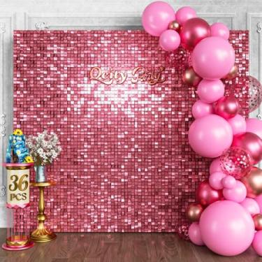 Imagem de Qcity Fundo de parede brilhante rosa, 36 peças, design preto não transparente, painel de fundo quadrado com glitter, perfeito para eventos ao ar livre, aniversários, casamento e decoração de festa