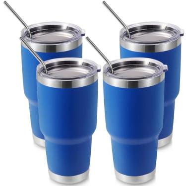 Imagem de Volhoply Copo térmico de 900 ml com tampa e canudo pacote com 4, canecas de café de viagem de parede dupla para bebidas quentes/frias, cabe em porta-copos de carro, sem BPA (azul, 4