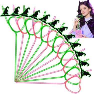 Imagem de Conjunto de 48 canudos de plástico de feiticeiro, palha maluca rosa e verde com chapéu de bruxa preto para Halloween, lembrancinhas de festa malvada, presentes de brindes, decoração de aniversário