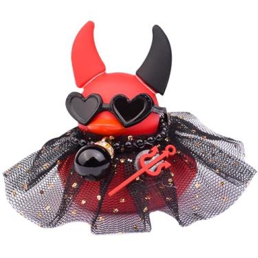 Imagem de CoFuBcad Decoração de painel de pato de borracha para Halloween, painel de carro pato vermelho demônio com saia de colar, óculos de sol, mini adereços instrumento para acessórios legais de carro