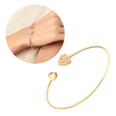 Imagem de Bracelete Feminino Coração Fina Strass Brilhante Dourado Ajustável - O