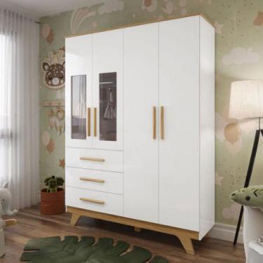 Imagem de Guarda-Roupa de Bebê Retrô 4 Portas 3 Gavetas 100% Mdf Branco Brilho/A